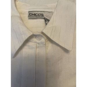 CHICO'S WHITE STRIPE W/ SILVER 3/4 SLEEVE NO IRON SHIRT SIZE 2 EUC
